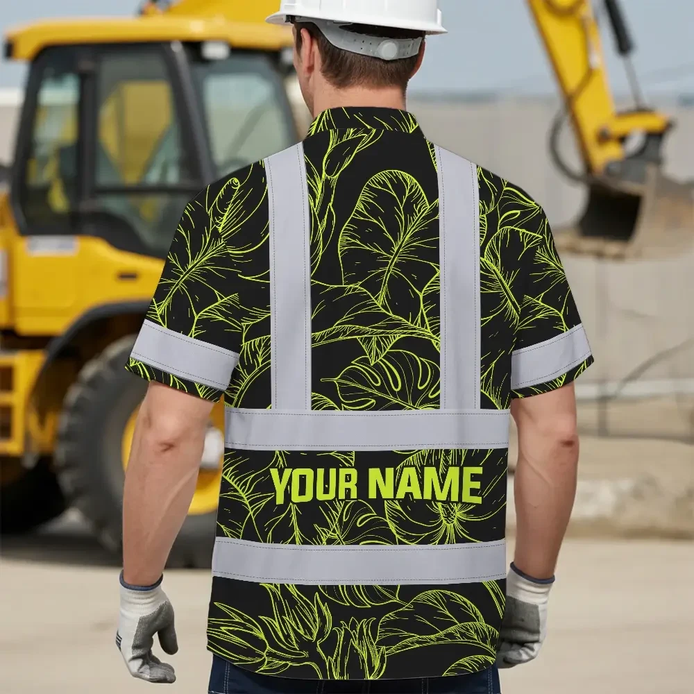 Lime Neon Flowers Custom Name Hi Vis Hawaiian Shirt Side angle view of the lime neon flowers custom name hi vis Hawaiian shirt displaying its stylish cut and fit.