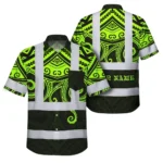Front view of the octopus Polynesian tribal shirt in vibrant green with intricate patterns.