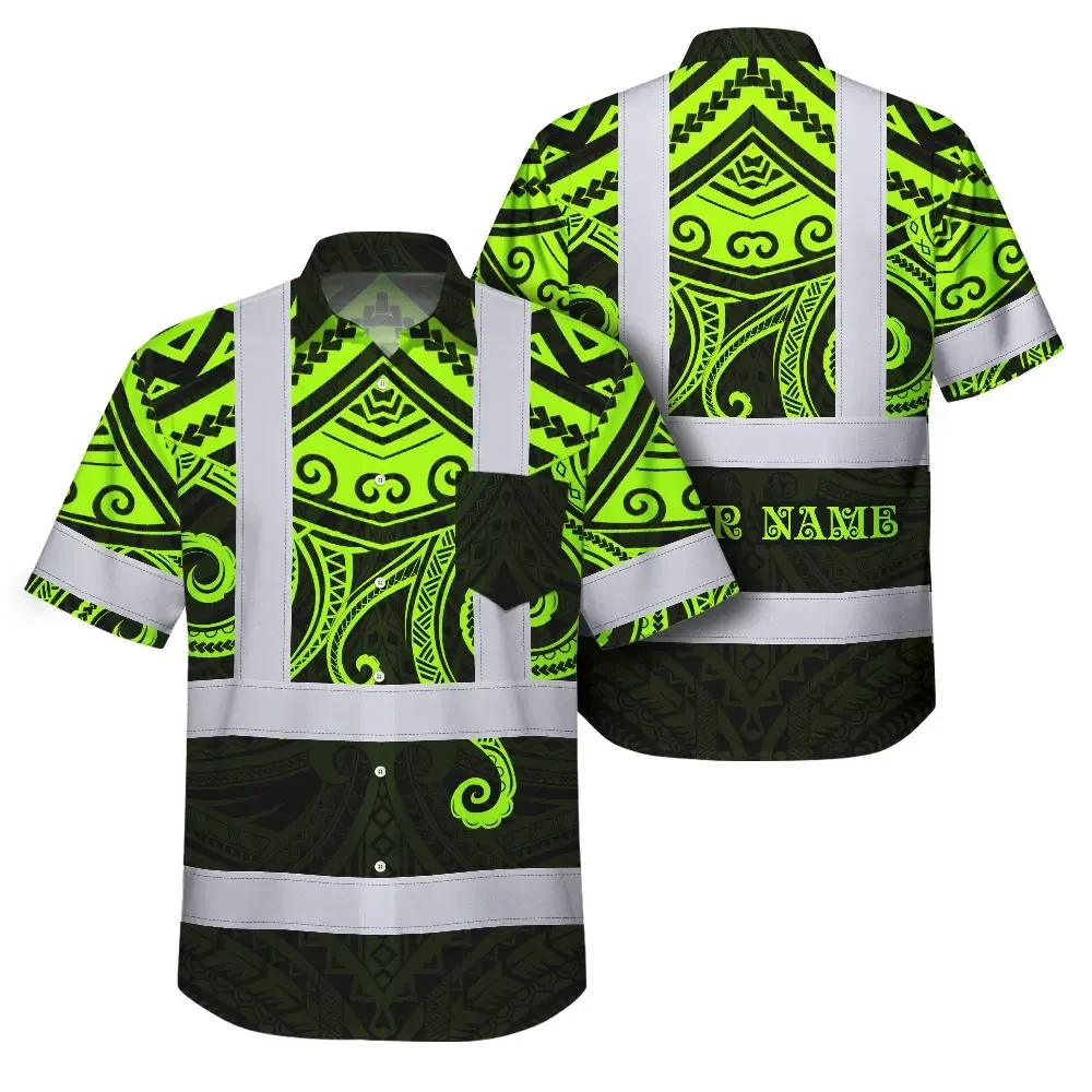 Octopus Polynesian Tribal Hawaiian Shirt Front view of the octopus Polynesian tribal shirt in vibrant green with intricate patterns.