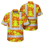 Front view of the orange lime neon frog custom name hi vis Hawaiian shirt with vibrant frog design.