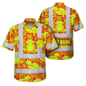 Front view of the orange lime neon frog custom name hi vis Hawaiian shirt with vibrant frog design.