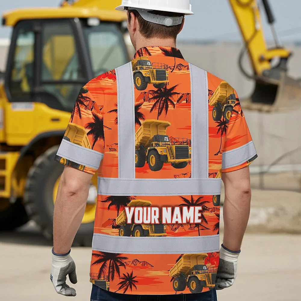 Orange Neon Dump Truck Hi Vis Hawaiian Shirt Flat lay arrangement of the orange neon dump truck hi vis Hawaiian shirt, emphasizing the vibrant orange hue and design.