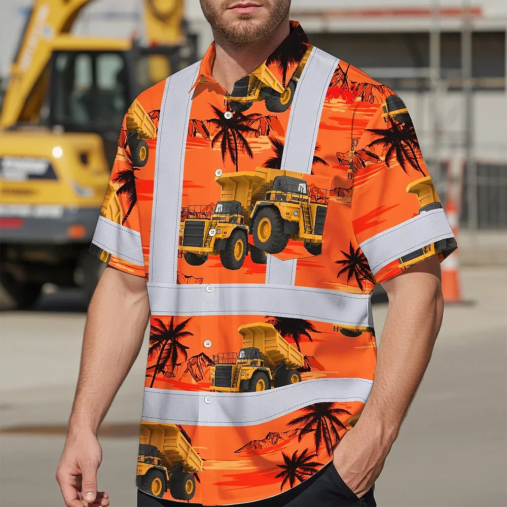 Orange Neon Dump Truck Hi Vis Hawaiian Shirt Side view of the orange neon dump truck hi vis Hawaiian shirt, displaying the reflective stripes and truck graphics.
