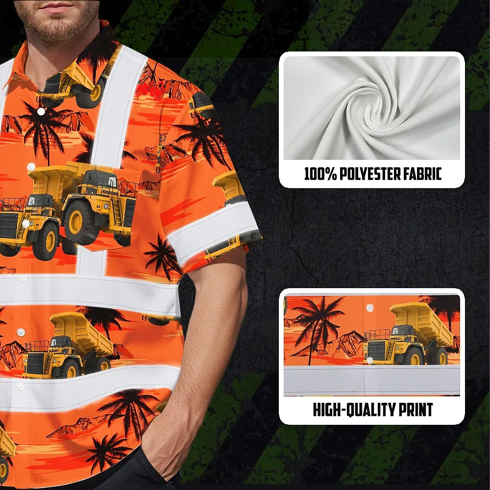 Orange Neon Dump Truck Hi Vis Hawaiian Shirt Lifestyle shot of a person wearing the orange neon dump truck hi vis Hawaiian shirt at a beach, enjoying the sun.