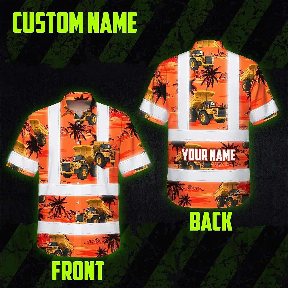 Orange Neon Dump Truck Hi Vis Hawaiian Shirt Back view of the orange neon dump truck hi vis Hawaiian shirt showcasing the bold truck design against a sunset backdrop.