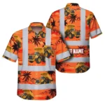 Front view of the orange neon dump truck hi vis Hawaiian shirt featuring palm trees and vibrant colors.