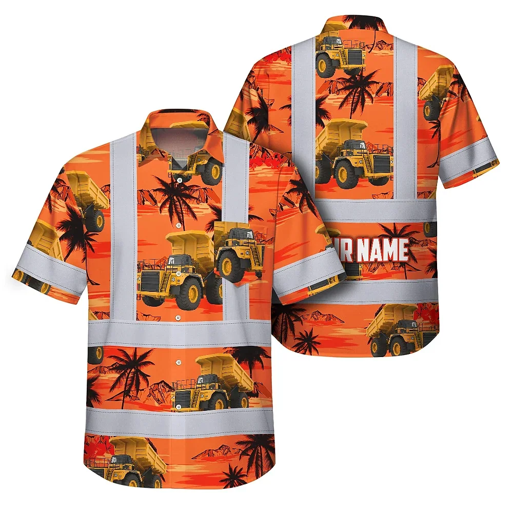 Orange Neon Dump Truck Hi Vis Hawaiian Shirt Front view of the orange neon dump truck hi vis Hawaiian shirt featuring palm trees and vibrant colors.