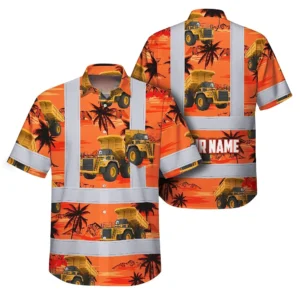 Front view of the orange neon dump truck shirt showcasing vibrant design and custom name feature.