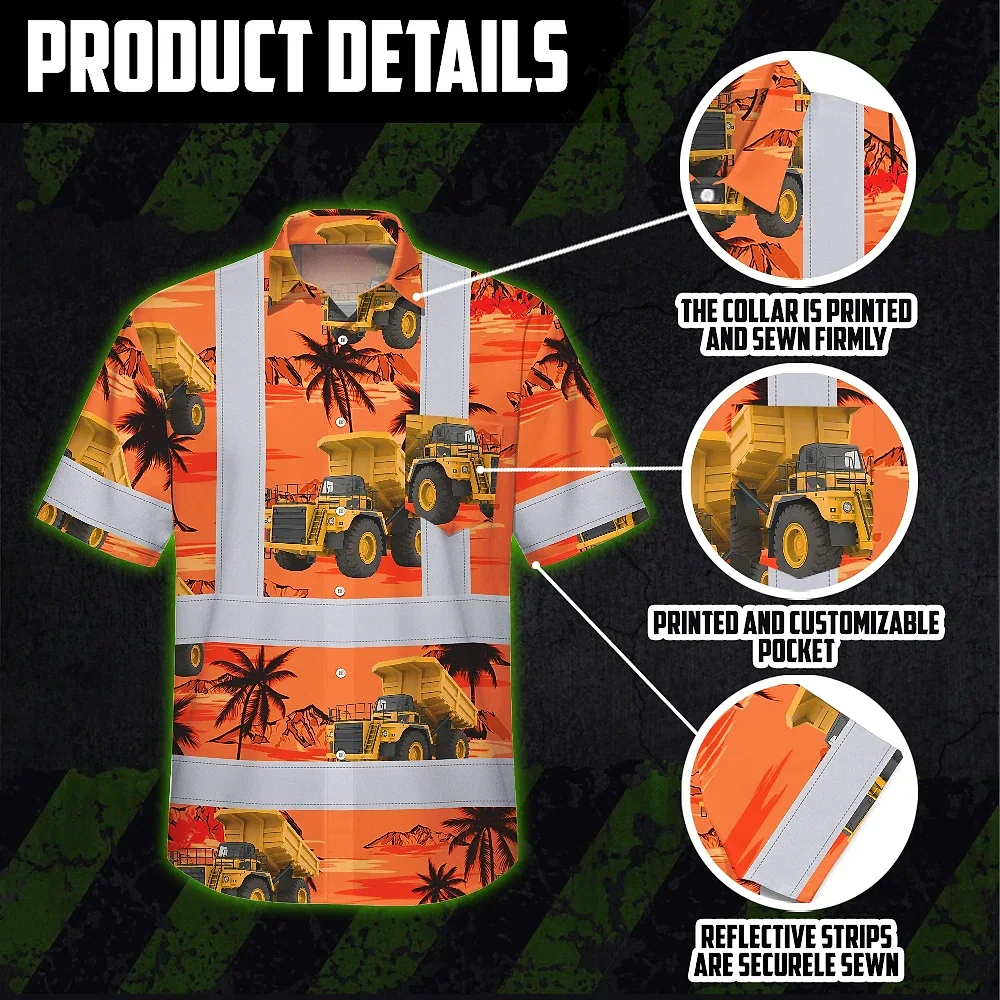 Orange Neon Dump Truck Hi Vis Hawaiian Shirt Close-up detail of the fabric on the orange neon dump truck hi vis Hawaiian shirt, highlighting bright colors and patterns.