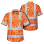 Front view of orange neon flowers hi vis Hawaiian shirt showcasing vibrant floral design and reflective stripes.