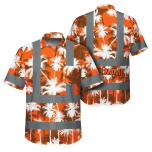 Front view of the orange neon flowers hi vis shirt showcasing vibrant floral design and reflective stripes.