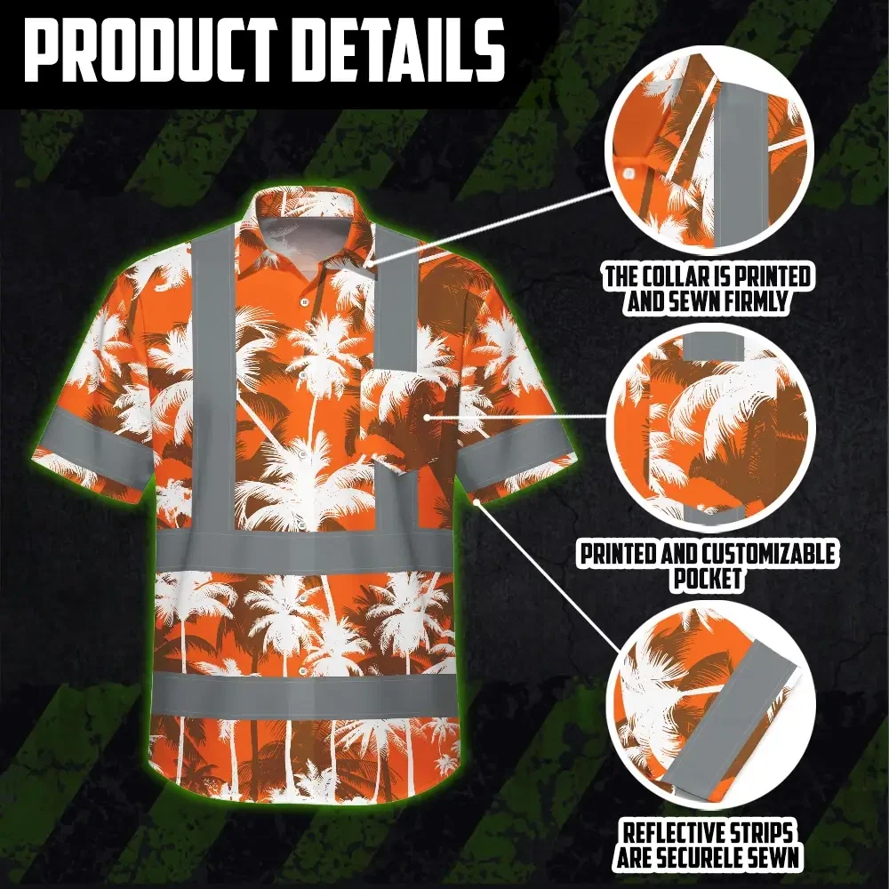 Orange Neon Flowers Hi Vis Hawaiian Shirt - Design 2 Close-up of the orange neon flowers hi vis shirt fabric highlighting the intricate floral patterns and colors.
