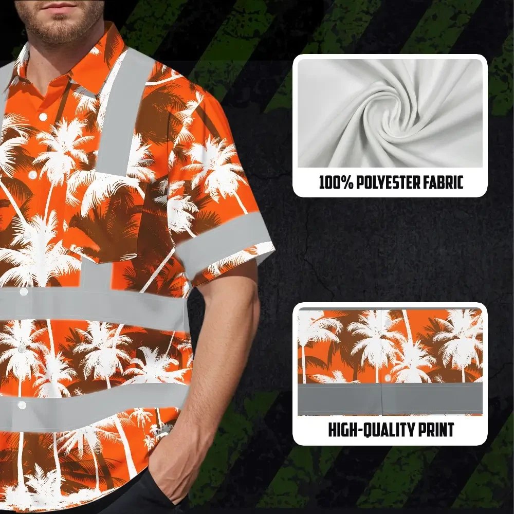 Orange Neon Flowers Hi Vis Hawaiian Shirt - Design 2 Lifestyle shot of a person wearing the orange neon flowers hi vis shirt in a sunny outdoor setting.
