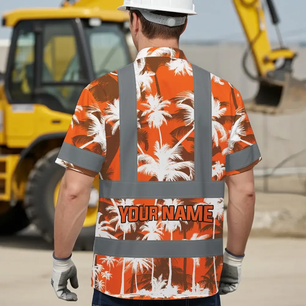Orange Neon Flowers Hi Vis Hawaiian Shirt - Design 2 Flat lay of the orange neon flowers hi vis shirt with contrasting background to emphasize colors and patterns.