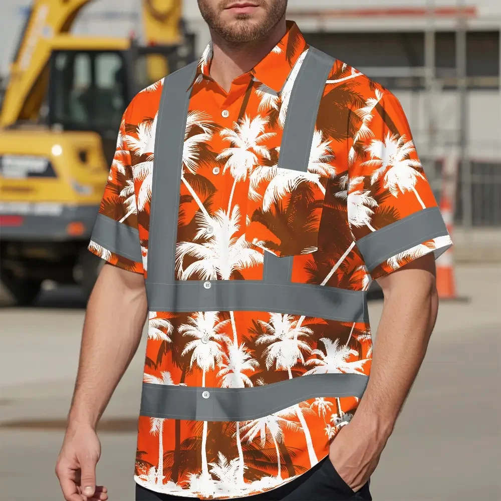 Orange Neon Flowers Hi Vis Hawaiian Shirt - Design 2 Side view of the orange neon flowers hi vis shirt displaying the fit and unique design details.