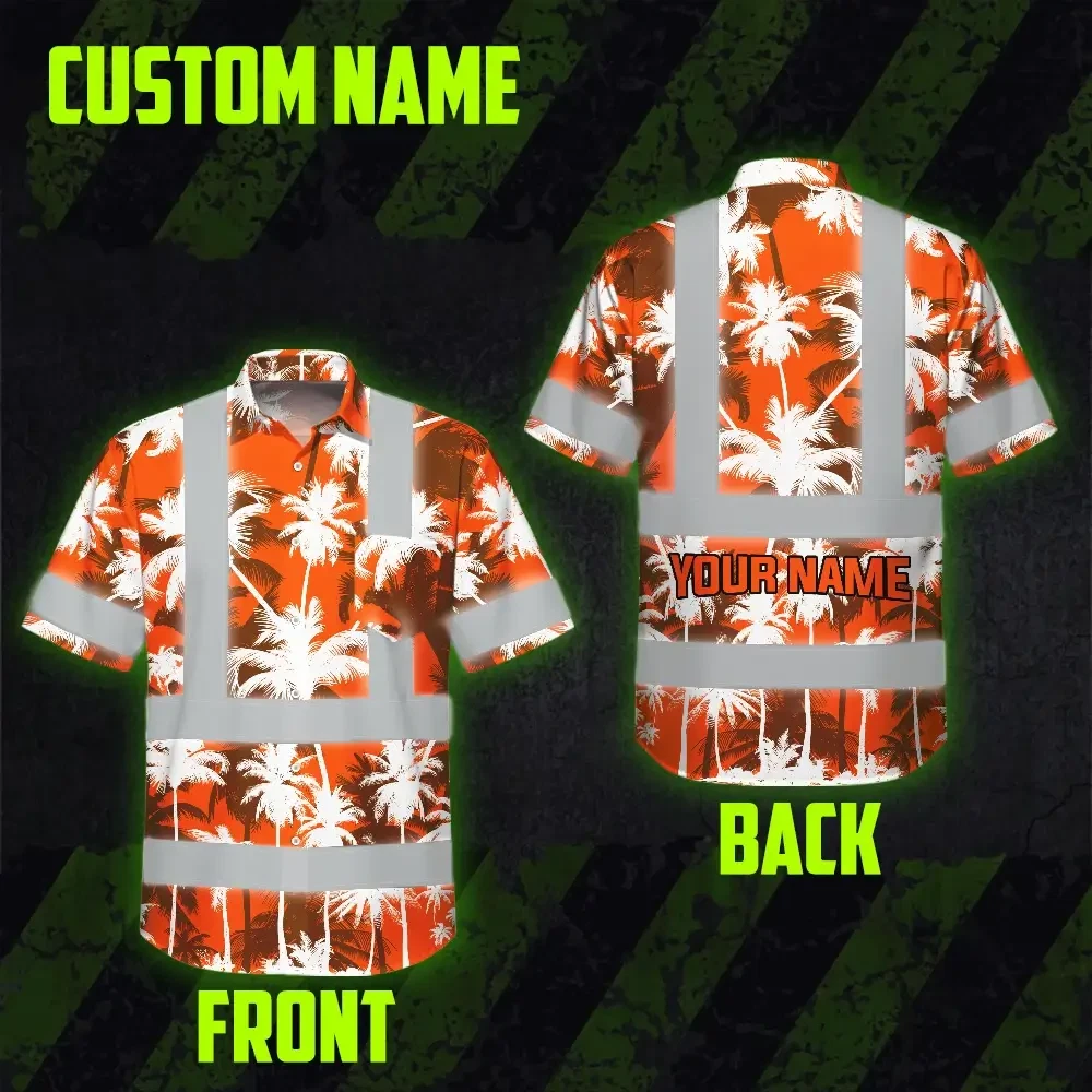 Orange Neon Flowers Hi Vis Hawaiian Shirt - Design 2 Back view of the orange neon flowers hi vis shirt featuring personalized name and bright palm graphics.