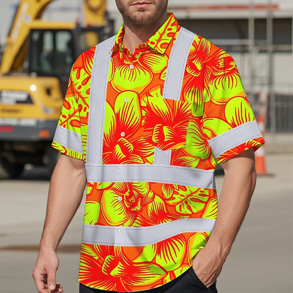 Orange Neon Yellow Orchid Hawaiian Shirt Close-up detail of the fabric on the orange neon yellow orchid shirt highlighting the bold colors.