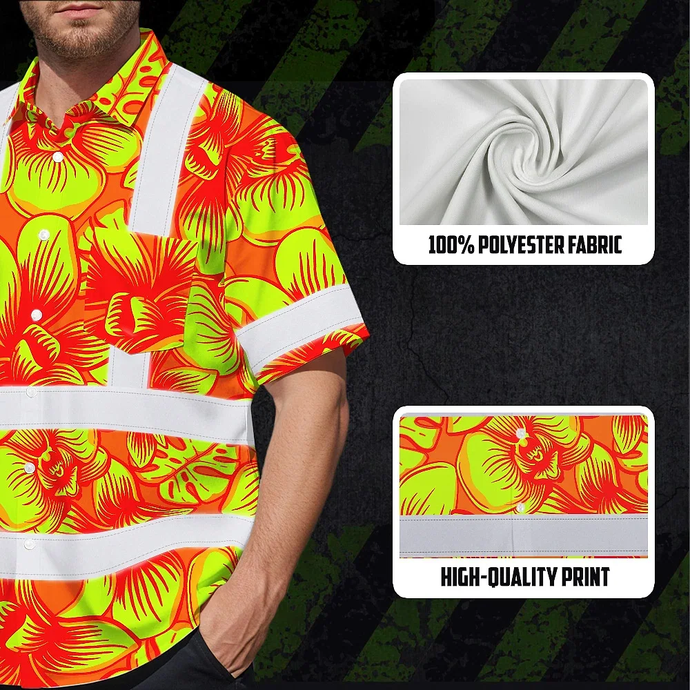 Orange Neon Yellow Orchid Hawaiian Shirt Model wearing the orange neon yellow orchid shirt in a sunny outdoor setting.