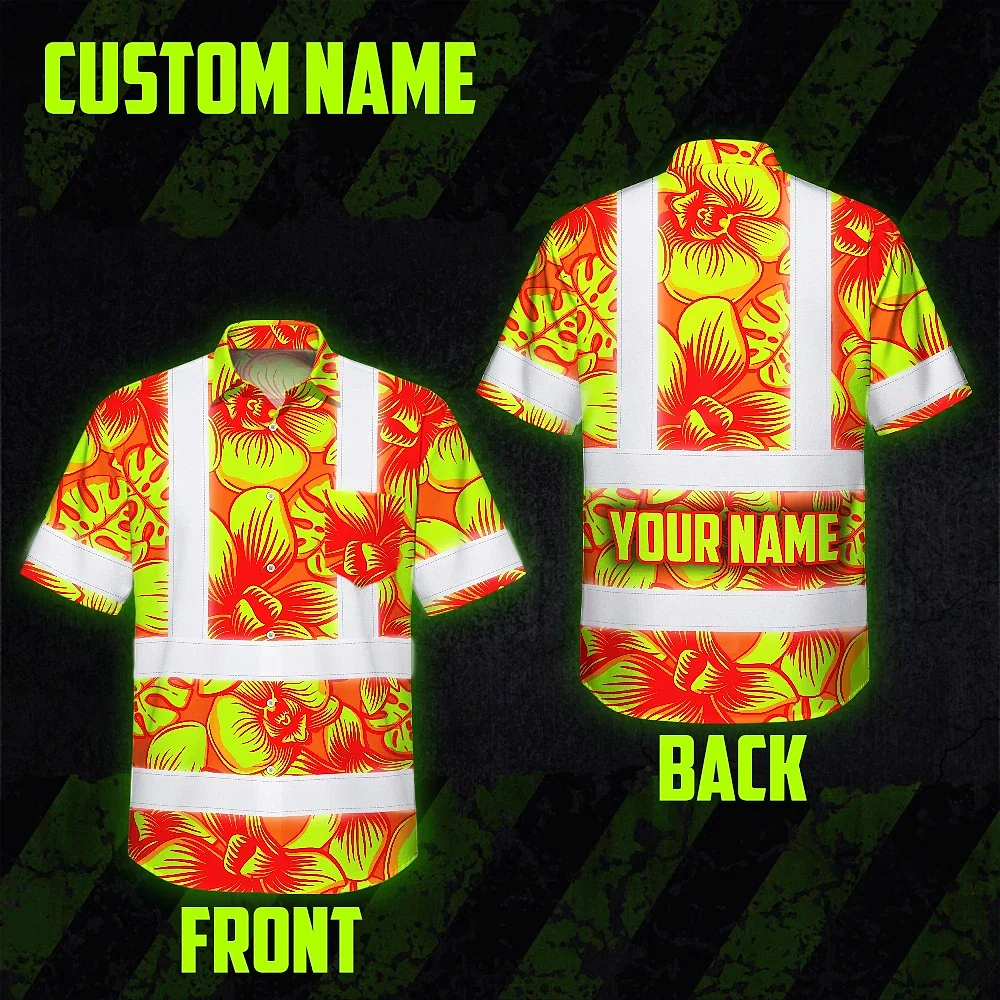 Orange Neon Yellow Orchid Hawaiian Shirt Back view of the orange neon yellow orchid shirt with customizable name feature.