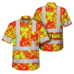 Front view of the orange neon yellow orchid shirt showcasing vibrant floral design.