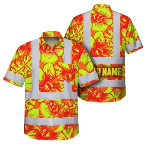 Front view of the orange neon yellow orchid shirt showcasing vibrant floral design.