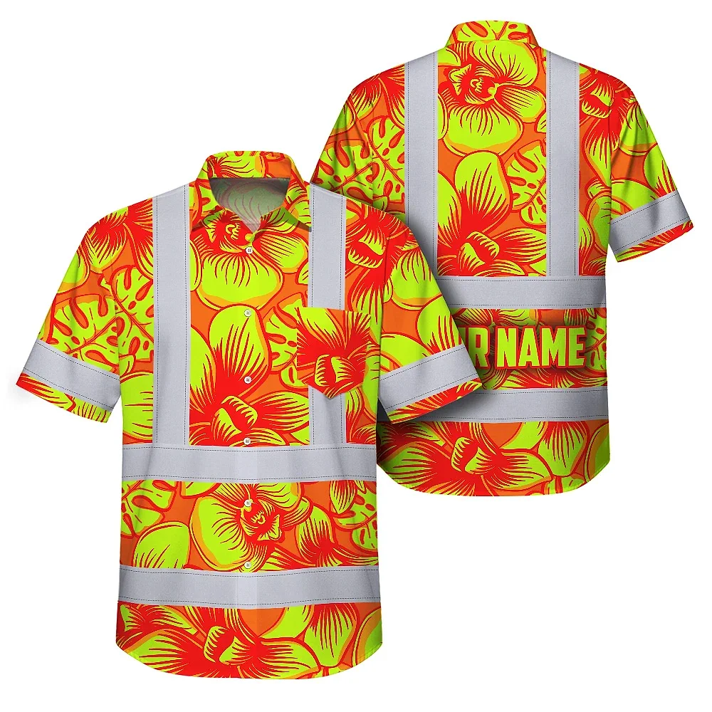 Orange Neon Yellow Orchid Hawaiian Shirt Front view of the orange neon yellow orchid shirt showcasing vibrant floral design.