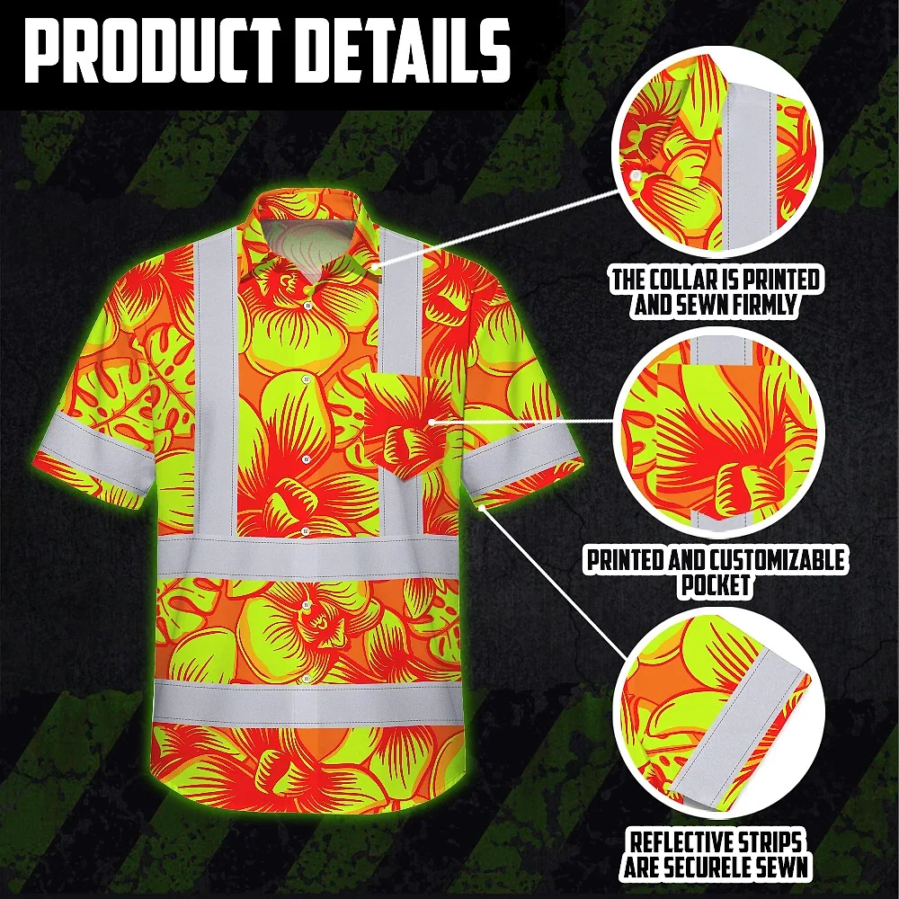 Orange Neon Yellow Orchid Hawaiian Shirt Flat lay of the orange neon yellow orchid shirt emphasizing its bright tropical pattern.