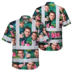 Front view of the pink & green 2 custom name & photo Hawaiian shirt with vibrant floral patterns.