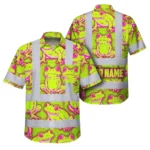 Front view of the pink lime neon frog shirt featuring vibrant frog designs and reflective accents.