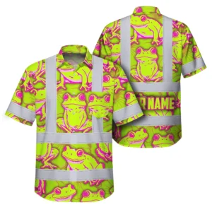 Front view of the pink lime neon frog shirt featuring vibrant frog designs and reflective accents.