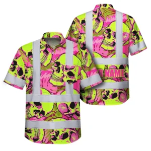Front view of the pink neon lime skull custom name hi vis Hawaiian shirt showcasing vibrant colors and skull design.
