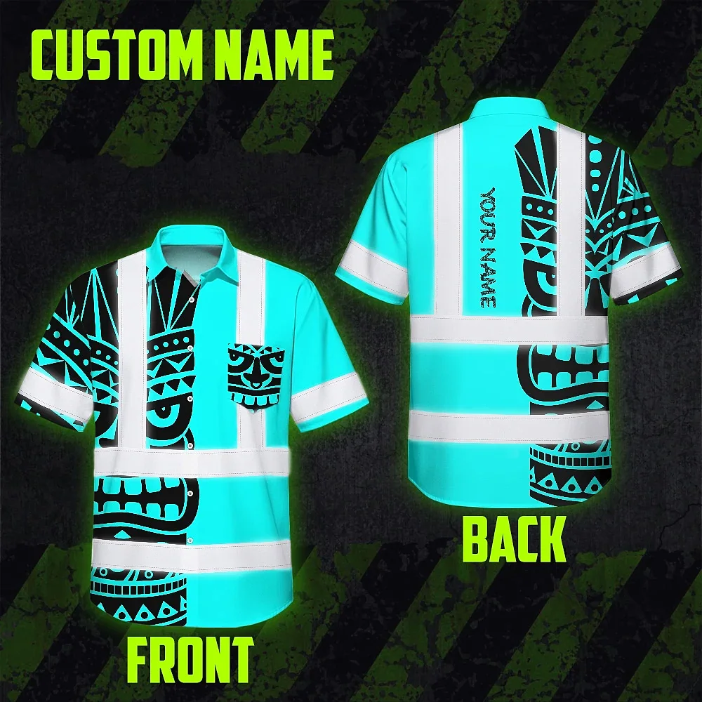 Tiki Blue Neon Polynesian Tribal Hi Vis Hawaiian Shirt Back view of the tiki blue neon polynesian tribal hi vis shirt, showcasing personalized name detail.