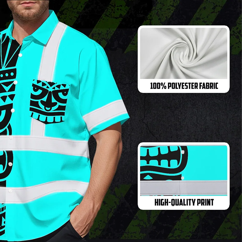 Tiki Blue Neon Polynesian Tribal Hi Vis Hawaiian Shirt Close-up of the reflective stripes on the tiki blue neon polynesian tribal hi vis shirt.