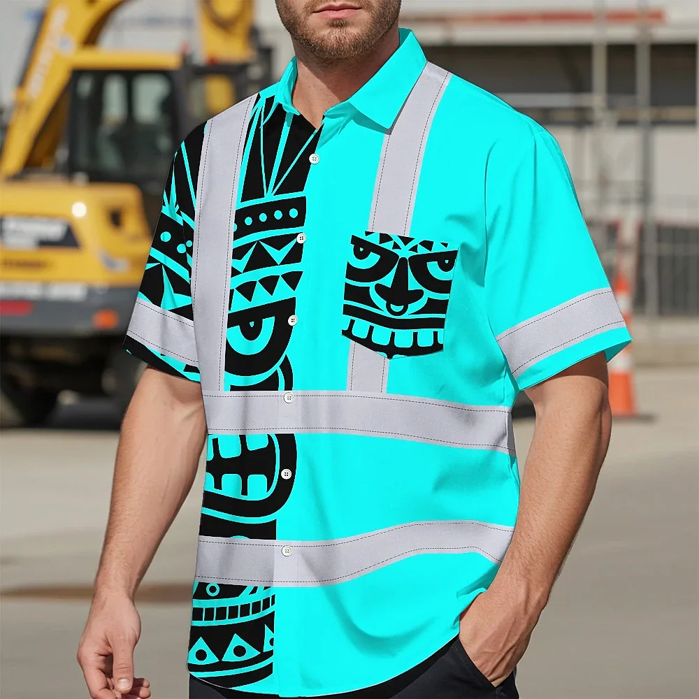 Tiki Blue Neon Polynesian Tribal Hi Vis Hawaiian Shirt Close-up detail of the tiki blue neon polynesian tribal hi vis shirt's fabric and vibrant colors.