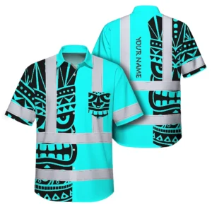 Front view of the tiki blue neon polynesian tribal hi vis shirt, featuring bold black tribal designs.