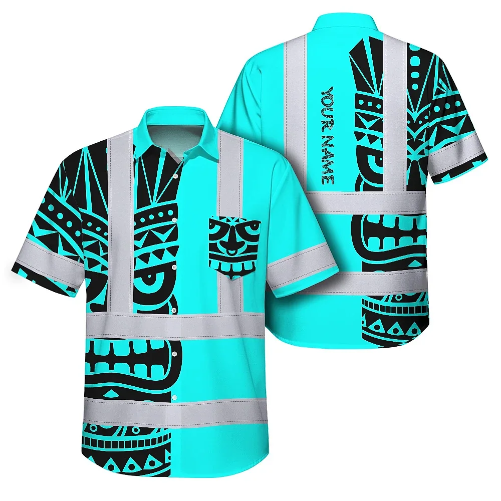 Tiki Blue Neon Polynesian Tribal Hi Vis Hawaiian Shirt Front view of the tiki blue neon polynesian tribal hi vis shirt, featuring bold black tribal designs.
