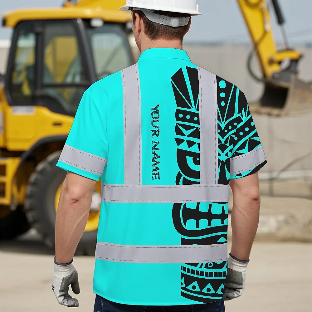Tiki Blue Neon Polynesian Tribal Hi Vis Hawaiian Shirt Lifestyle shot of the tiki blue neon polynesian tribal hi vis shirt worn at a beach party.