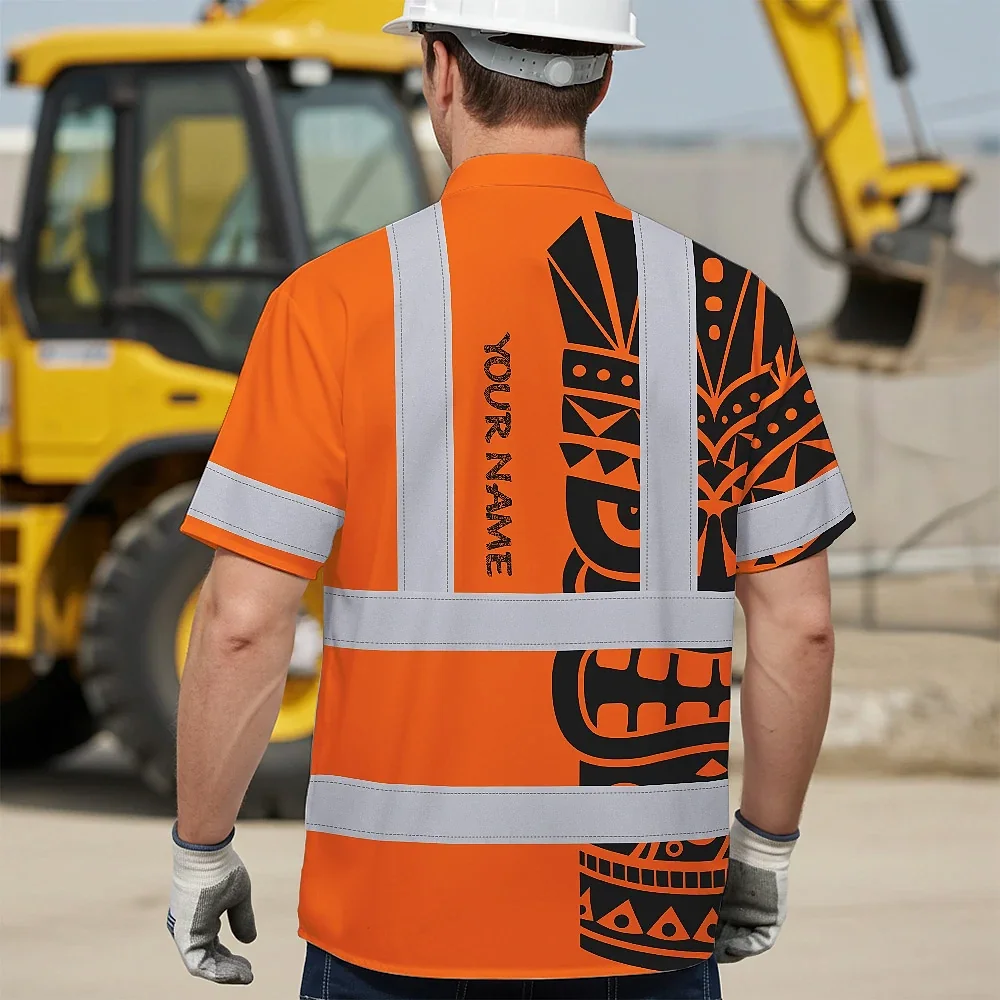 Tiki Orange Neon Polynesian Tribal Hi Vis Hawaiian Shirt Lifestyle image of a person wearing the tiki orange neon Polynesian tribal hi vis shirt at a beach party.