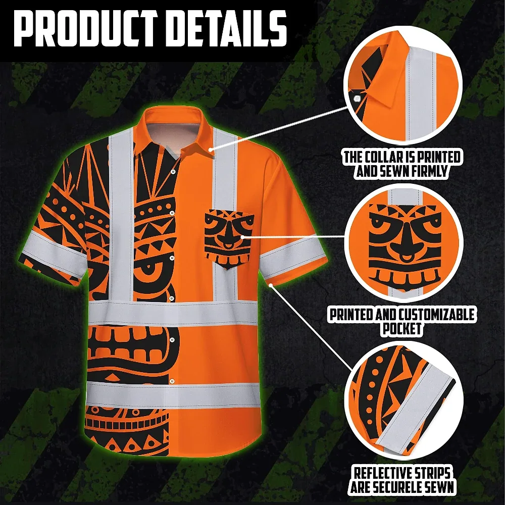 Tiki Orange Neon Polynesian Tribal Hi Vis Hawaiian Shirt Side view of the tiki orange neon Polynesian tribal hi vis shirt emphasizing the reflective stripes.