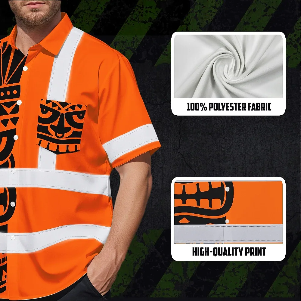 Tiki Orange Neon Polynesian Tribal Hi Vis Hawaiian Shirt Model posing in the tiki orange neon Polynesian tribal hi vis shirt against a tropical backdrop.