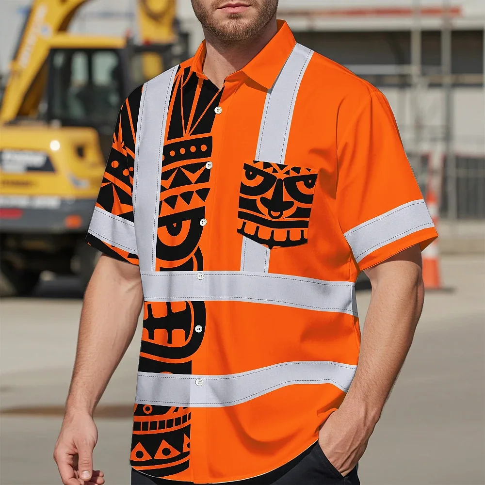 Tiki Orange Neon Polynesian Tribal Hi Vis Hawaiian Shirt Detail shot of the tiki orange neon Polynesian tribal hi vis shirt highlighting the intricate tribal design.