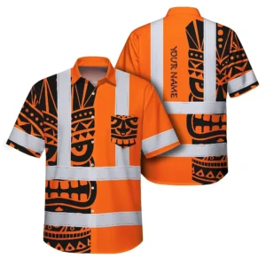 Front view of the tiki orange neon Polynesian tribal hi vis shirt showcasing bold black patterns.