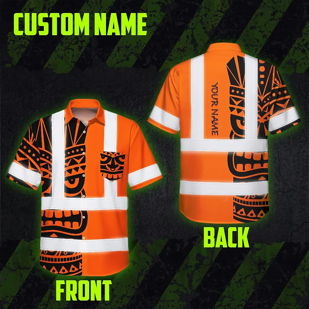 Tiki Orange Neon Polynesian Tribal Hi Vis Hawaiian Shirt Back view of the tiki orange neon Polynesian tribal hi vis shirt featuring a customizable name area.