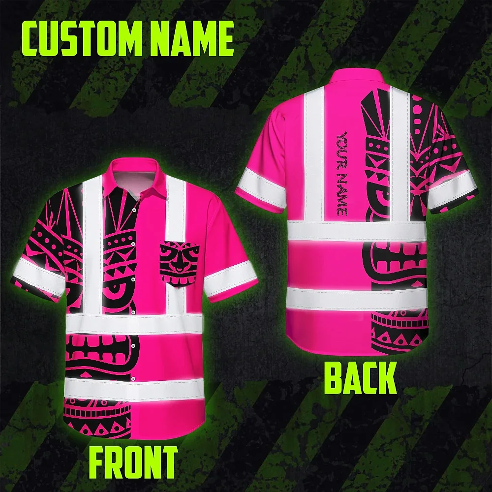 Tiki Pink Neon Polynesian Tribal Hawaiian Shirt Back angle of tiki pink neon polynesian tribal shirt displaying custom name feature and striking design elements.