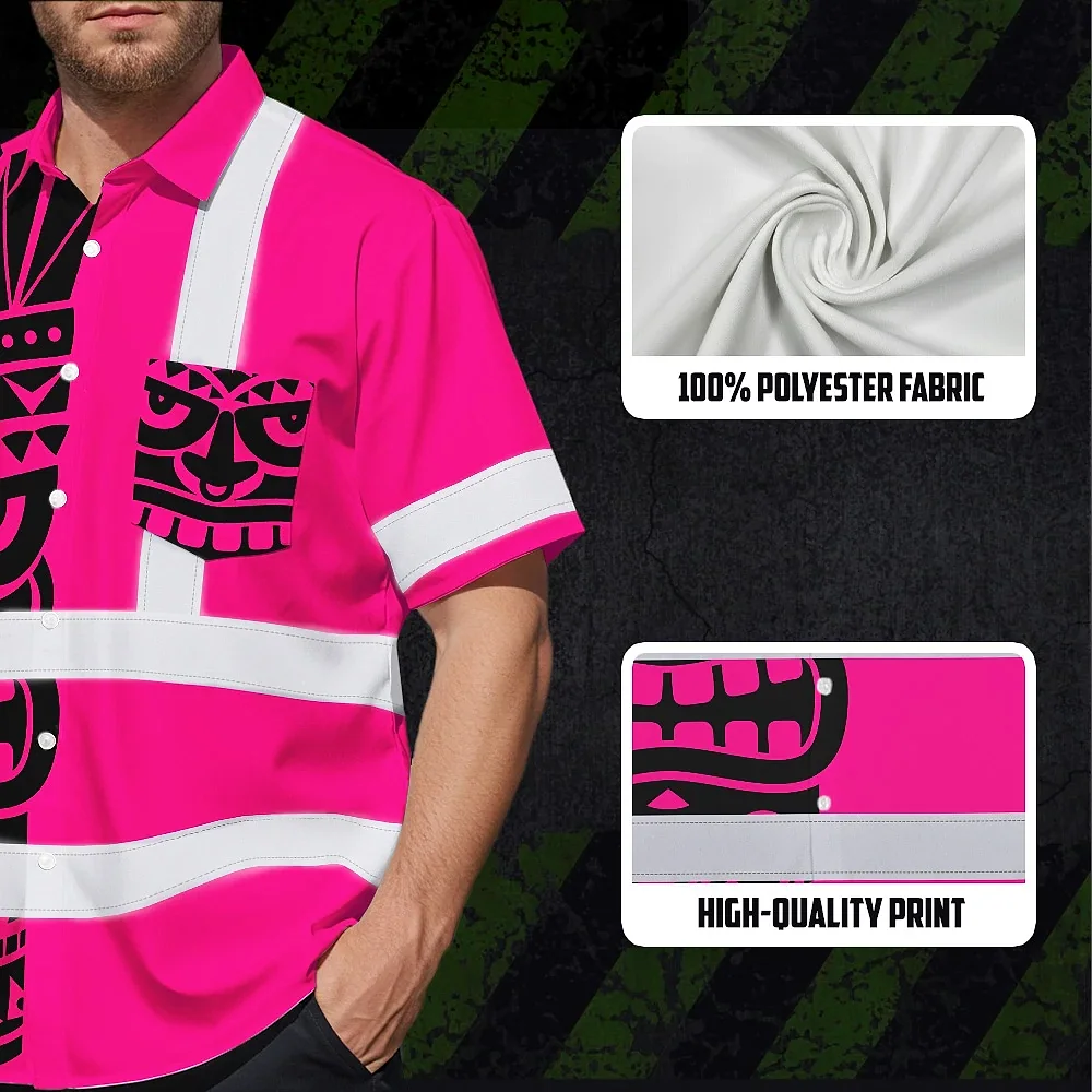 Tiki Pink Neon Polynesian Tribal Hawaiian Shirt Flat lay of tiki pink neon polynesian tribal shirt with tropical accessories, highlighting its unique design.