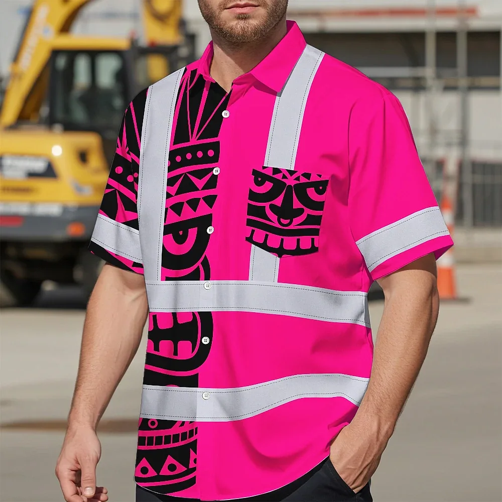 Tiki Pink Neon Polynesian Tribal Hawaiian Shirt Close-up detail of tiki pink neon polynesian tribal shirt highlighting intricate tribal graphics and fabric texture.