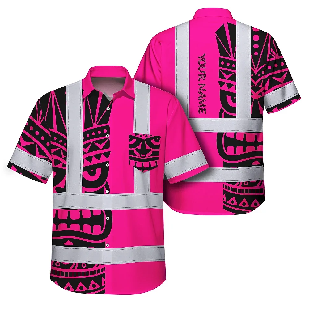 Tiki Pink Neon Polynesian Tribal Hawaiian Shirt Front view of tiki pink neon polynesian tribal shirt showcasing vibrant colors and bold tribal patterns.