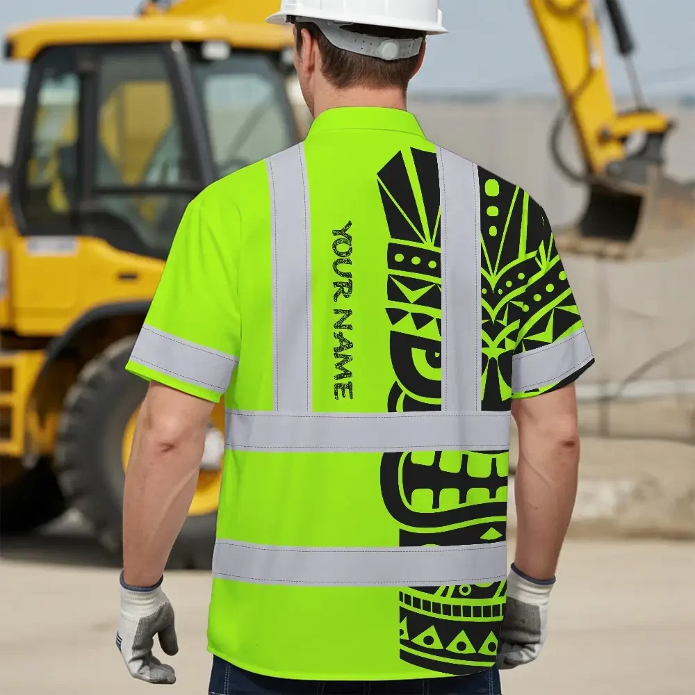Tiki Polynesian Tribal Custom Name Hi Vis Hawaiian Shirt Flat lay of the Tiki Polynesian Tribal Custom Name Hi Vis Hawaiian Shirt, emphasizing its bright color and unique design.