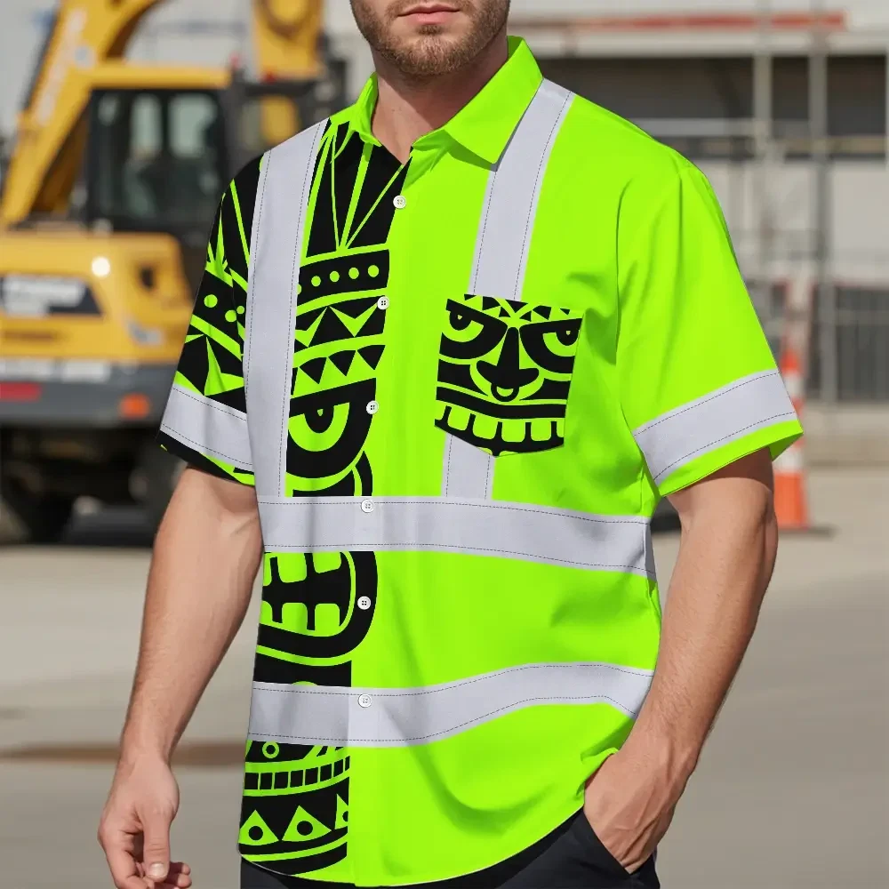 Tiki Polynesian Tribal Custom Name Hi Vis Hawaiian Shirt Side angle of the Tiki Polynesian Tribal Custom Name Hi Vis Hawaiian Shirt, highlighting reflective strips and tribal motifs.