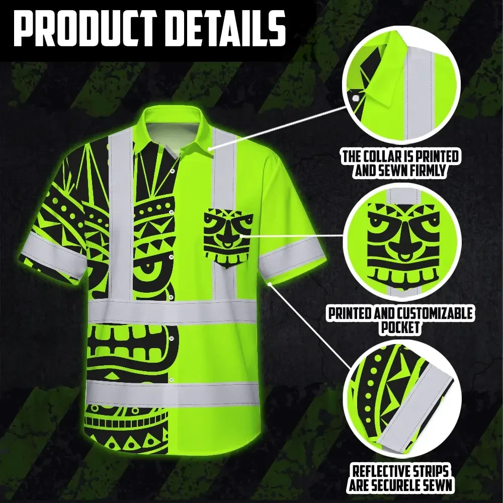 Tiki Polynesian Tribal Custom Name Hi Vis Hawaiian Shirt Close-up detail of the pocket on the Tiki Polynesian Tribal Custom Name Hi Vis Hawaiian Shirt with bold tribal patterns.